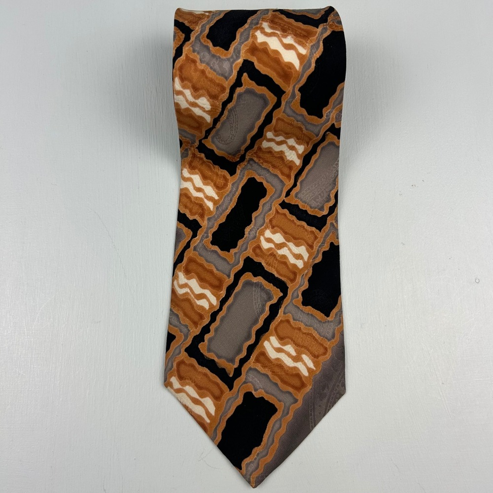 Robert Daskal Silk Tie Hand Painted Mahtab Aslani Abstract Geometric Brown Black
